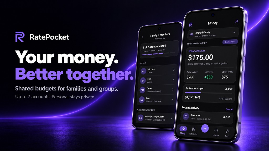 RatePocket Family — shared Money screen and Family members on two phones