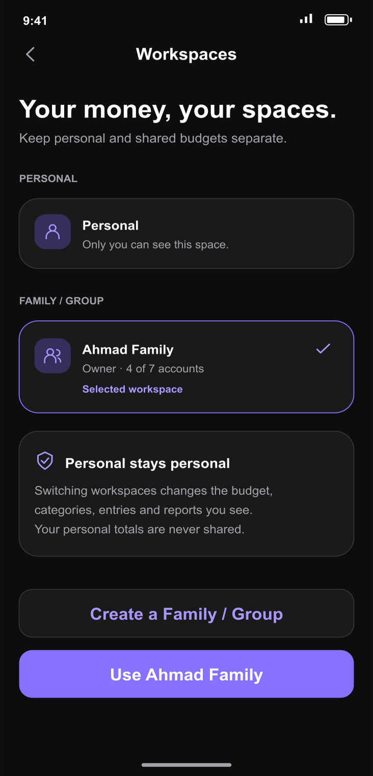 Switch between Personal and Family workspaces